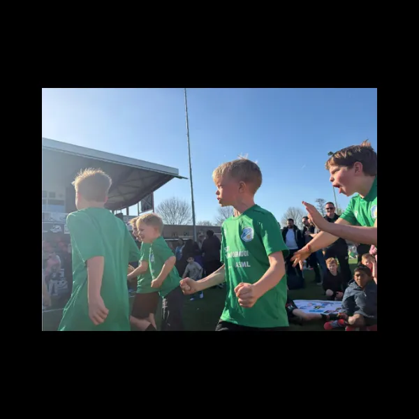 Groepsfoto van de teams uit groep 5 en 6 op het sportpark van Best Vooruit